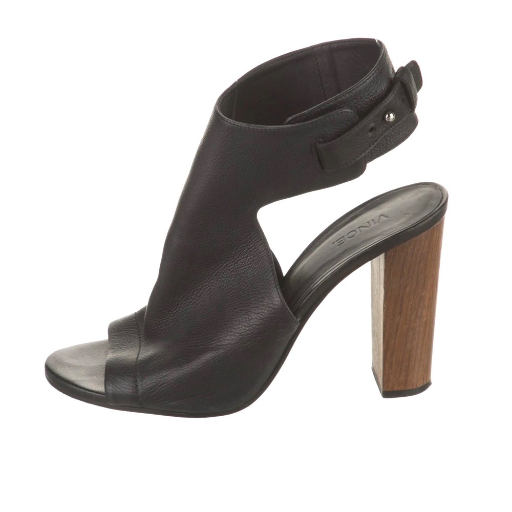 Vince Leather Peep Toe Block‎ Heel Booties Black Wooden Heel Size 8.5